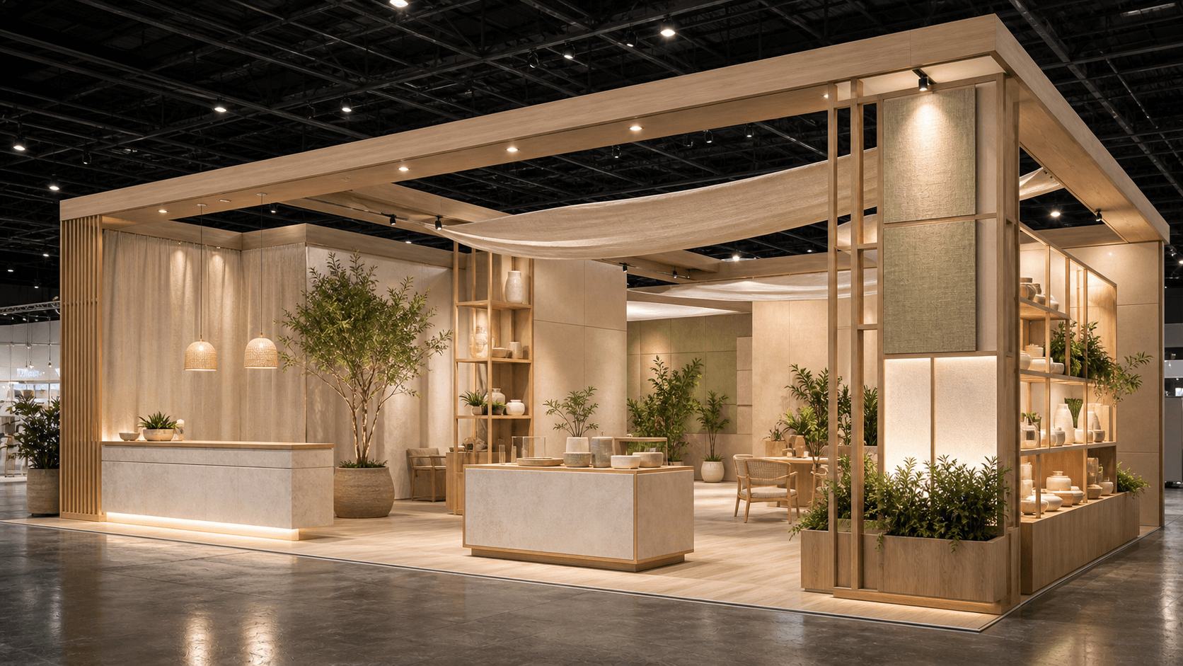 木材と植栽を使ったナチュラルテイストの展示会ブースデザイン例